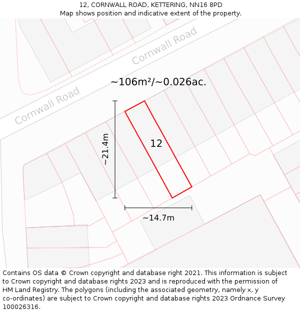 12, CORNWALL ROAD, KETTERING, NN16 8PD: Plot and title map