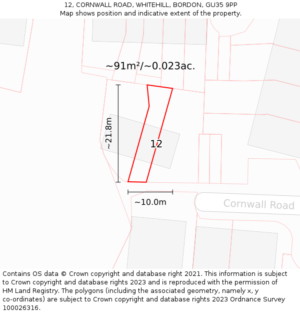 12, CORNWALL ROAD, WHITEHILL, BORDON, GU35 9PP: Plot and title map