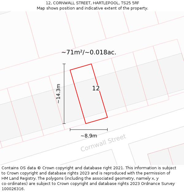 12, CORNWALL STREET, HARTLEPOOL, TS25 5RF: Plot and title map