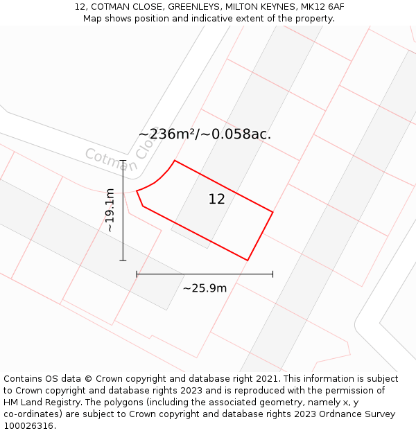 12, COTMAN CLOSE, GREENLEYS, MILTON KEYNES, MK12 6AF: Plot and title map