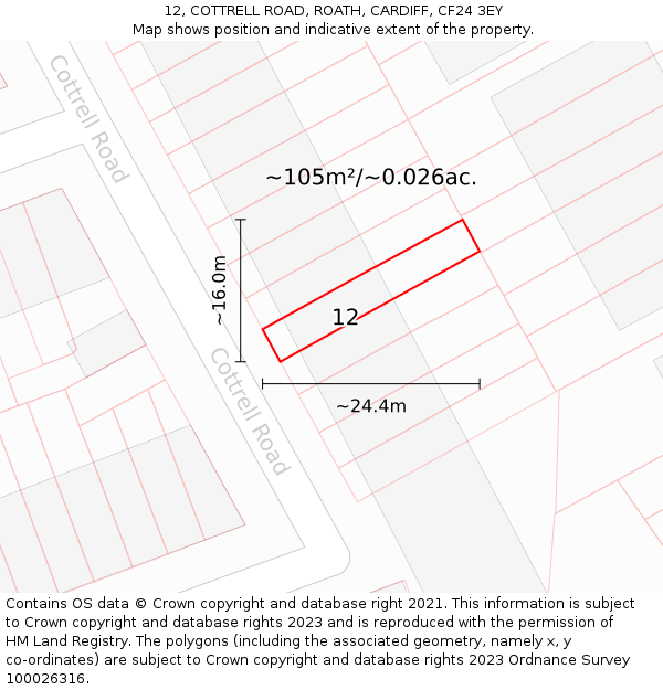 12, COTTRELL ROAD, ROATH, CARDIFF, CF24 3EY: Plot and title map