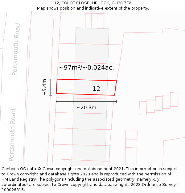 12, COURT CLOSE, LIPHOOK, GU30 7EA: Plot and title map