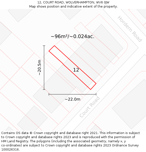 12, COURT ROAD, WOLVERHAMPTON, WV6 0JW: Plot and title map