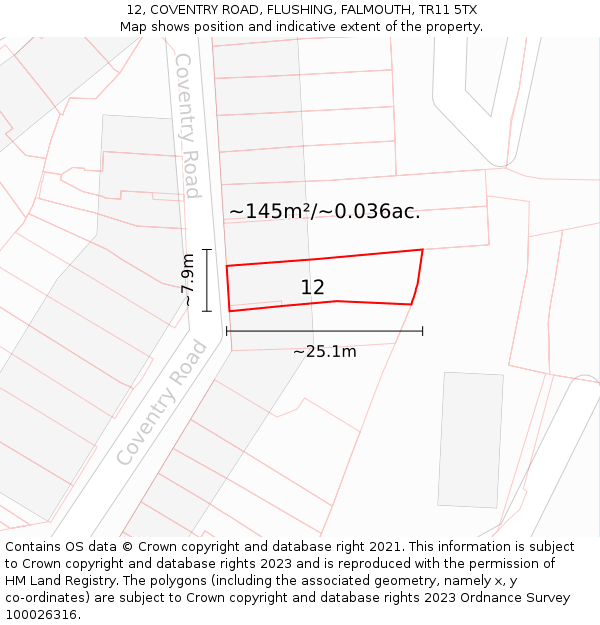 12, COVENTRY ROAD, FLUSHING, FALMOUTH, TR11 5TX: Plot and title map