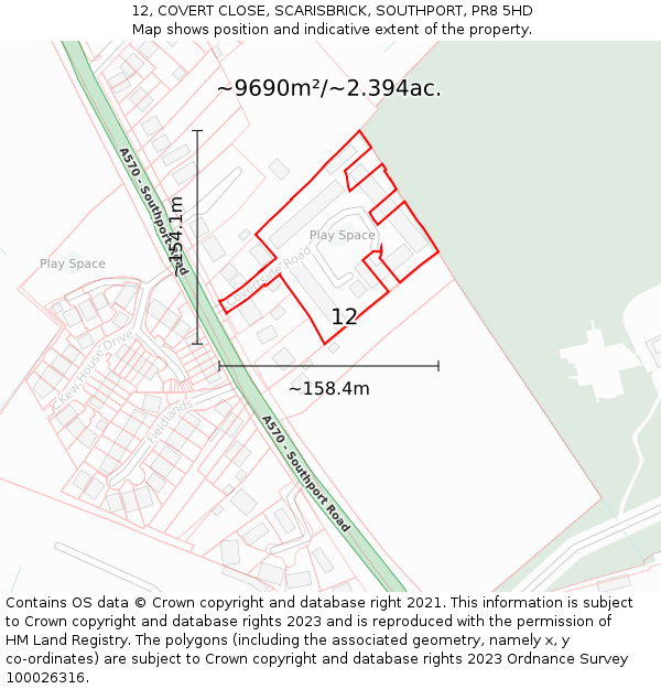 12, COVERT CLOSE, SCARISBRICK, SOUTHPORT, PR8 5HD: Plot and title map
