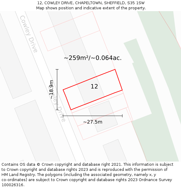 12, COWLEY DRIVE, CHAPELTOWN, SHEFFIELD, S35 1SW: Plot and title map