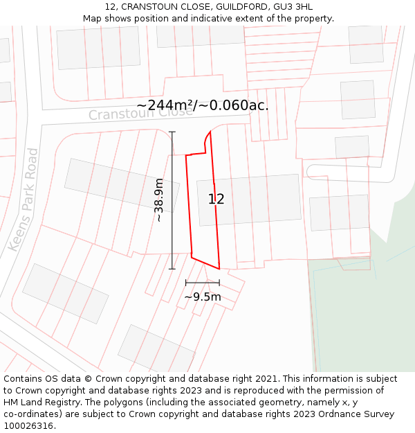 12, CRANSTOUN CLOSE, GUILDFORD, GU3 3HL: Plot and title map