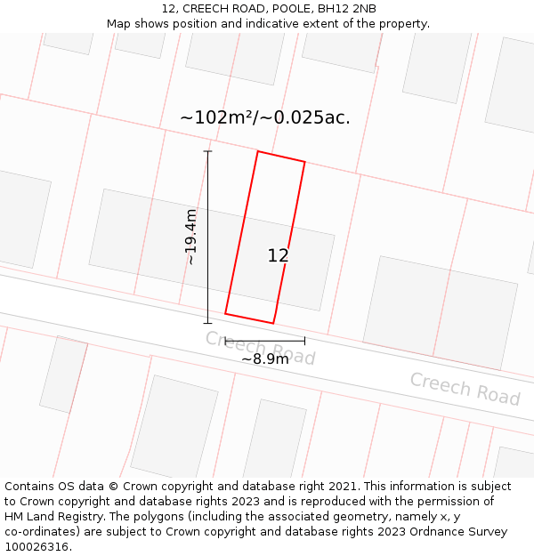 12, CREECH ROAD, POOLE, BH12 2NB: Plot and title map