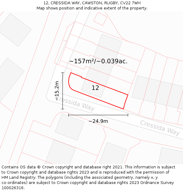 12, CRESSIDA WAY, CAWSTON, RUGBY, CV22 7WH: Plot and title map