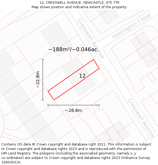 12, CRESSWELL AVENUE, NEWCASTLE, ST5 7TR: Plot and title map