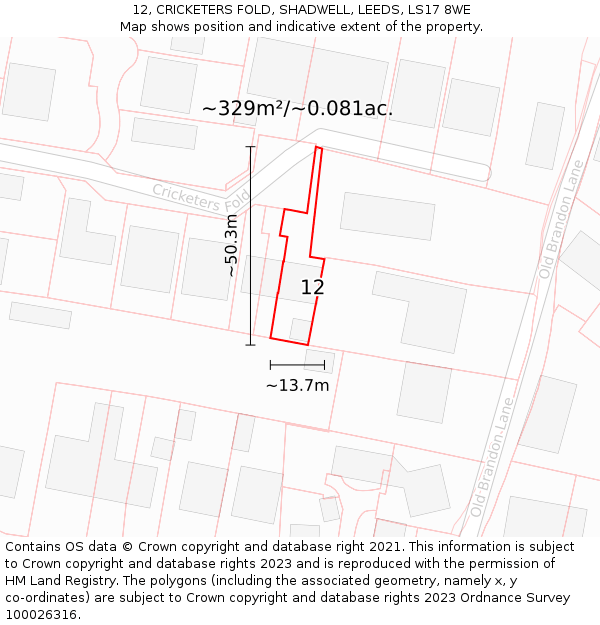 12, CRICKETERS FOLD, SHADWELL, LEEDS, LS17 8WE: Plot and title map