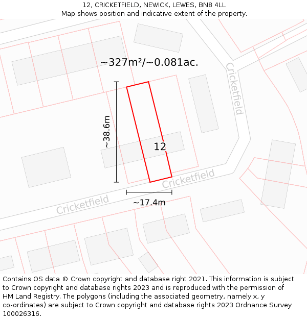 12, CRICKETFIELD, NEWICK, LEWES, BN8 4LL: Plot and title map