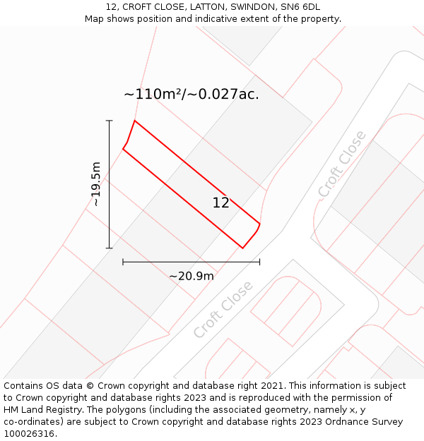 12, CROFT CLOSE, LATTON, SWINDON, SN6 6DL: Plot and title map