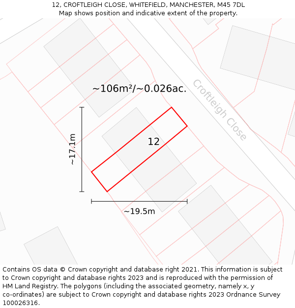 12, CROFTLEIGH CLOSE, WHITEFIELD, MANCHESTER, M45 7DL: Plot and title map