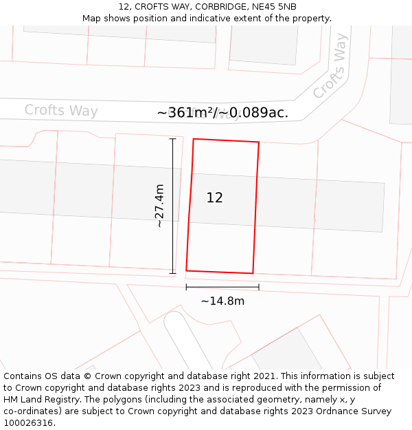 12, CROFTS WAY, CORBRIDGE, NE45 5NB: Plot and title map