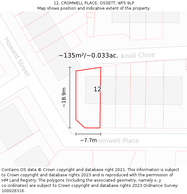 12, CROMWELL PLACE, OSSETT, WF5 9LP: Plot and title map