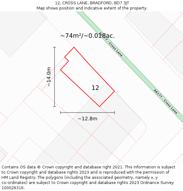12, CROSS LANE, BRADFORD, BD7 3JT: Plot and title map