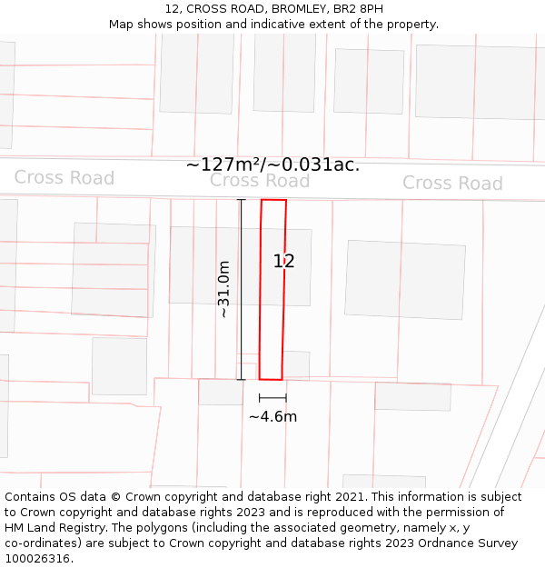 12, CROSS ROAD, BROMLEY, BR2 8PH: Plot and title map