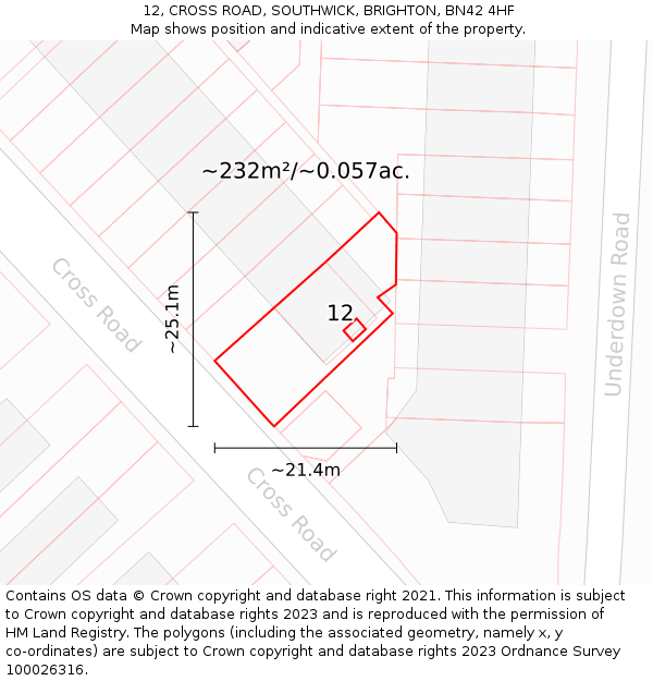 12, CROSS ROAD, SOUTHWICK, BRIGHTON, BN42 4HF: Plot and title map