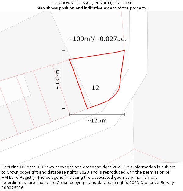 12, CROWN TERRACE, PENRITH, CA11 7XP: Plot and title map