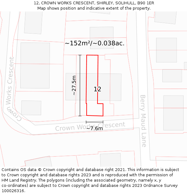 12, CROWN WORKS CRESCENT, SHIRLEY, SOLIHULL, B90 1ER: Plot and title map