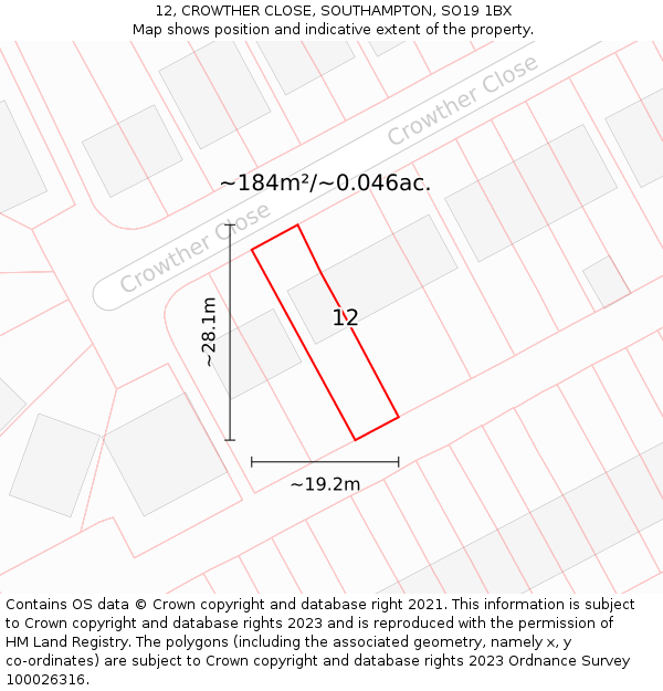 12, CROWTHER CLOSE, SOUTHAMPTON, SO19 1BX: Plot and title map