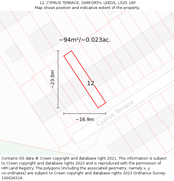 12, CYPRUS TERRACE, GARFORTH, LEEDS, LS25 1AP: Plot and title map