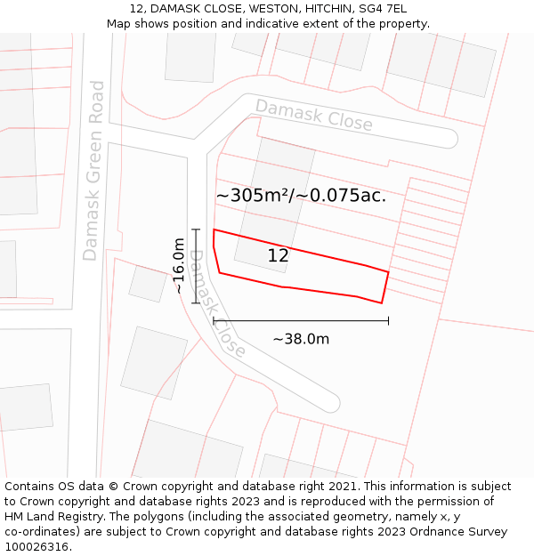 12, DAMASK CLOSE, WESTON, HITCHIN, SG4 7EL: Plot and title map