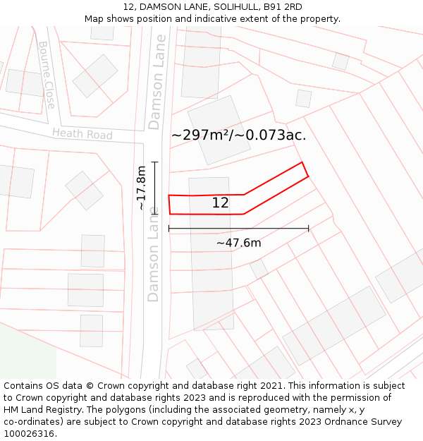 12, DAMSON LANE, SOLIHULL, B91 2RD: Plot and title map