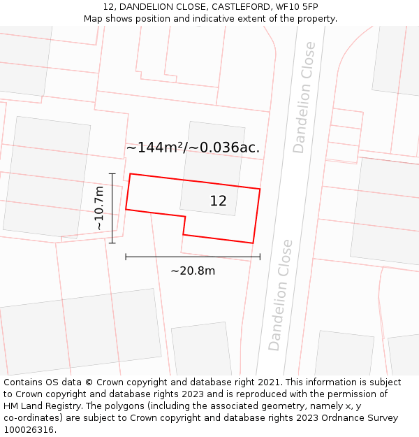 12, DANDELION CLOSE, CASTLEFORD, WF10 5FP: Plot and title map