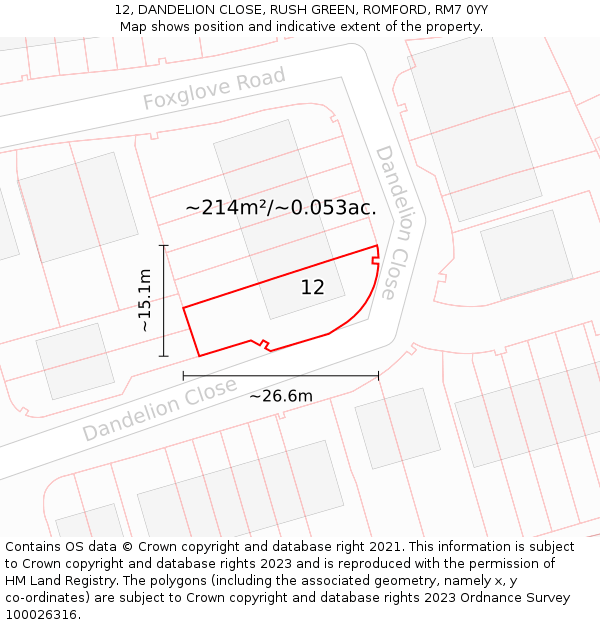 12, DANDELION CLOSE, RUSH GREEN, ROMFORD, RM7 0YY: Plot and title map