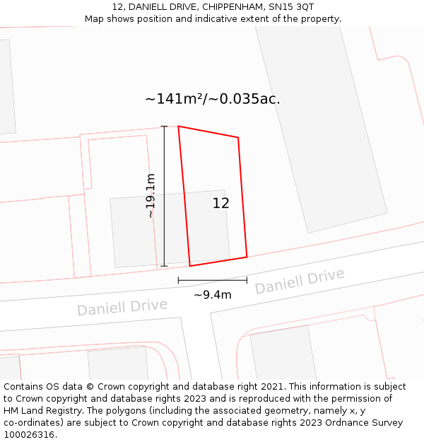 12, DANIELL DRIVE, CHIPPENHAM, SN15 3QT: Plot and title map