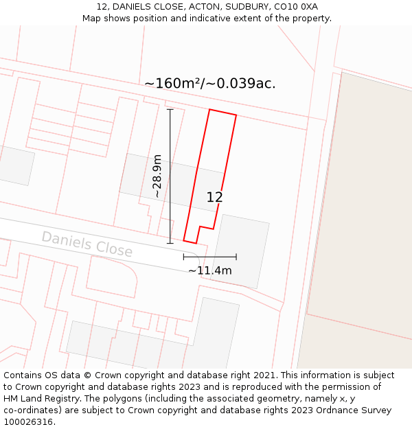12, DANIELS CLOSE, ACTON, SUDBURY, CO10 0XA: Plot and title map