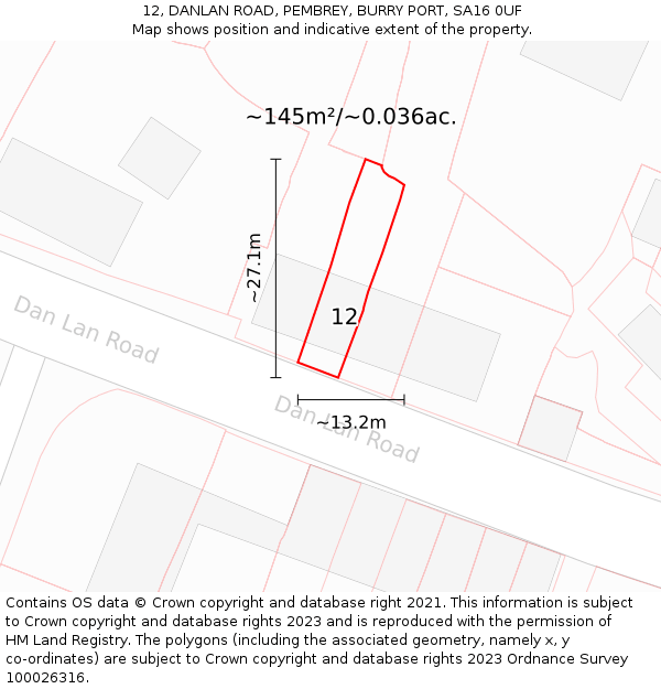 12, DANLAN ROAD, PEMBREY, BURRY PORT, SA16 0UF: Plot and title map