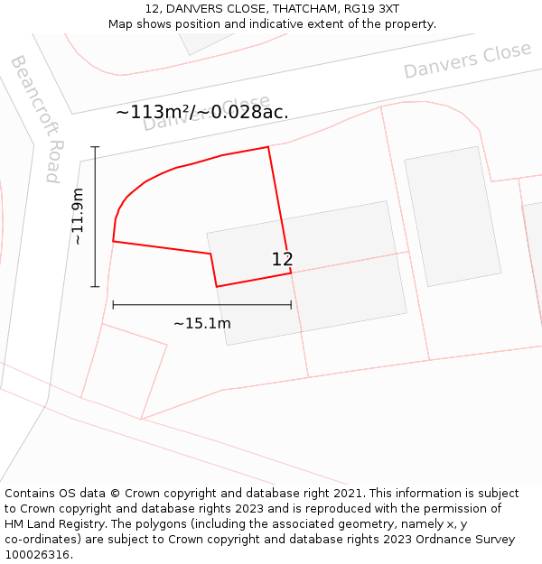 12, DANVERS CLOSE, THATCHAM, RG19 3XT: Plot and title map