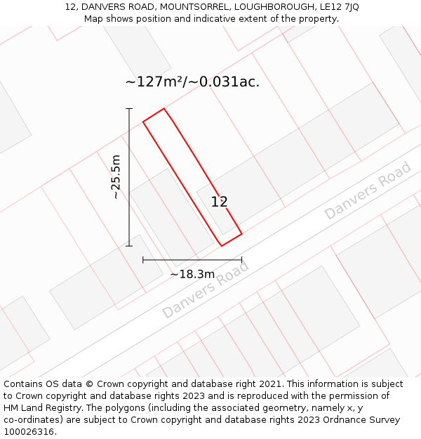 12, DANVERS ROAD, MOUNTSORREL, LOUGHBOROUGH, LE12 7JQ: Plot and title map