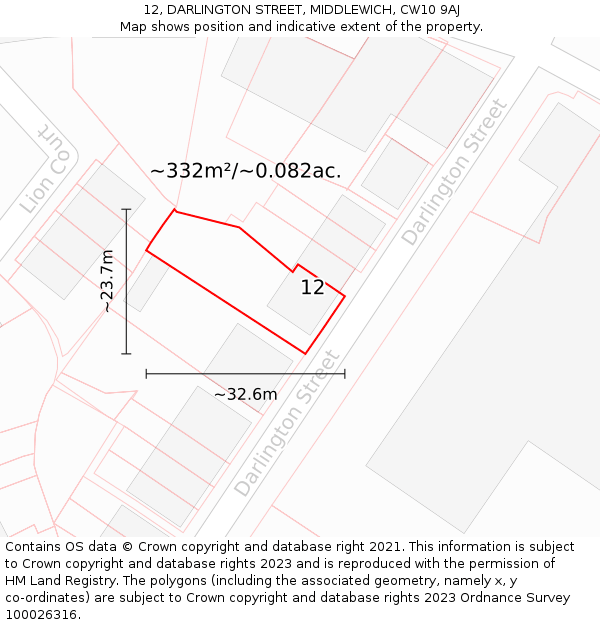 12, DARLINGTON STREET, MIDDLEWICH, CW10 9AJ: Plot and title map