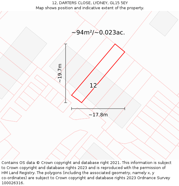 12, DARTERS CLOSE, LYDNEY, GL15 5EY: Plot and title map