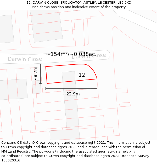 12, DARWIN CLOSE, BROUGHTON ASTLEY, LEICESTER, LE9 6XD: Plot and title map