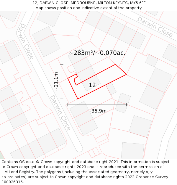 12, DARWIN CLOSE, MEDBOURNE, MILTON KEYNES, MK5 6FF: Plot and title map