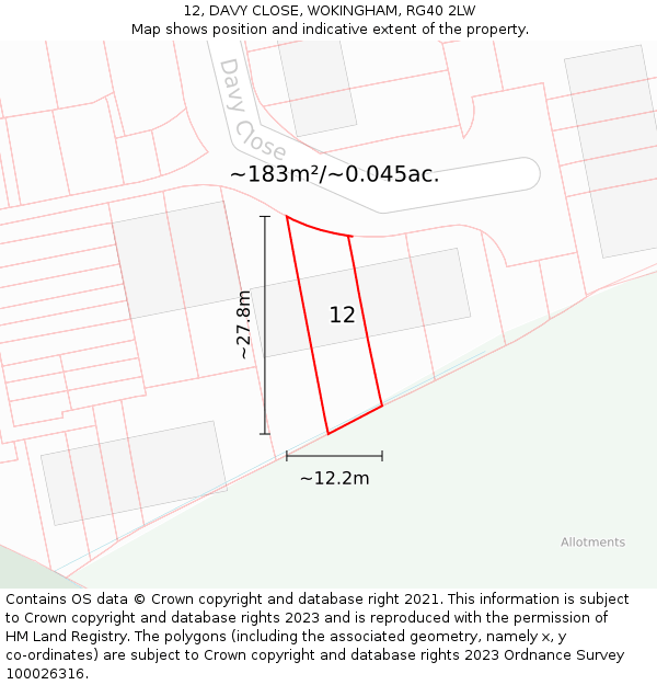 12, DAVY CLOSE, WOKINGHAM, RG40 2LW: Plot and title map
