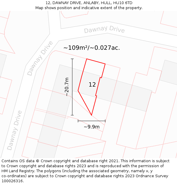 12, DAWNAY DRIVE, ANLABY, HULL, HU10 6TD: Plot and title map