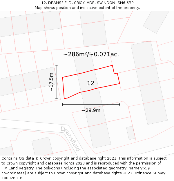 12, DEANSFIELD, CRICKLADE, SWINDON, SN6 6BP: Plot and title map