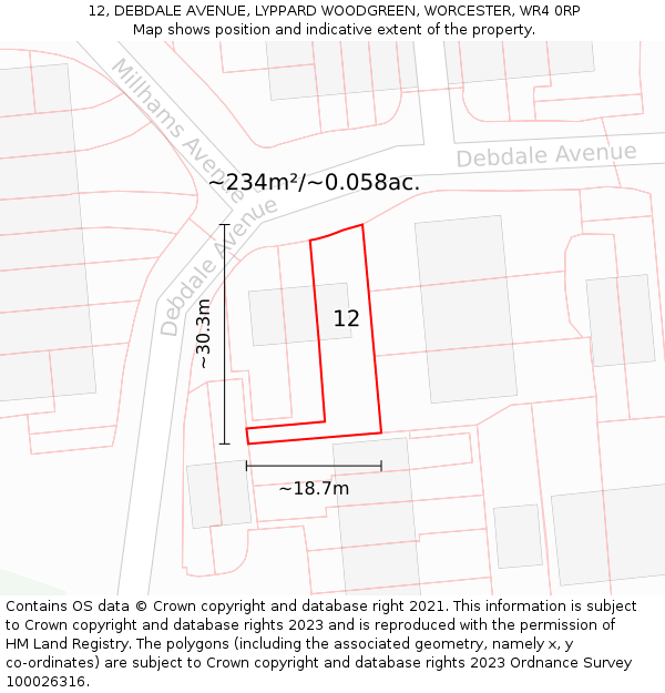 12, DEBDALE AVENUE, LYPPARD WOODGREEN, WORCESTER, WR4 0RP: Plot and title map