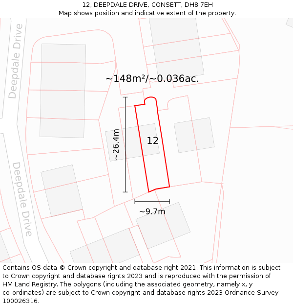 12, DEEPDALE DRIVE, CONSETT, DH8 7EH: Plot and title map