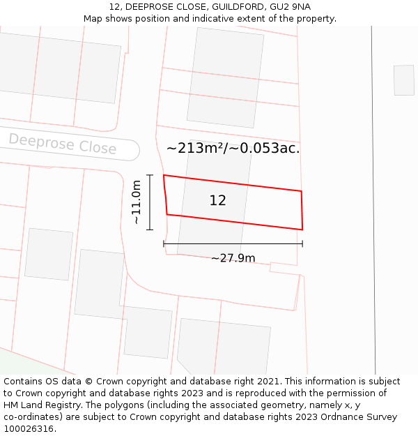 12, DEEPROSE CLOSE, GUILDFORD, GU2 9NA: Plot and title map