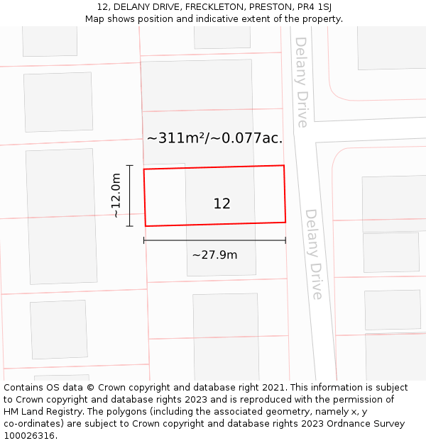 12, DELANY DRIVE, FRECKLETON, PRESTON, PR4 1SJ: Plot and title map