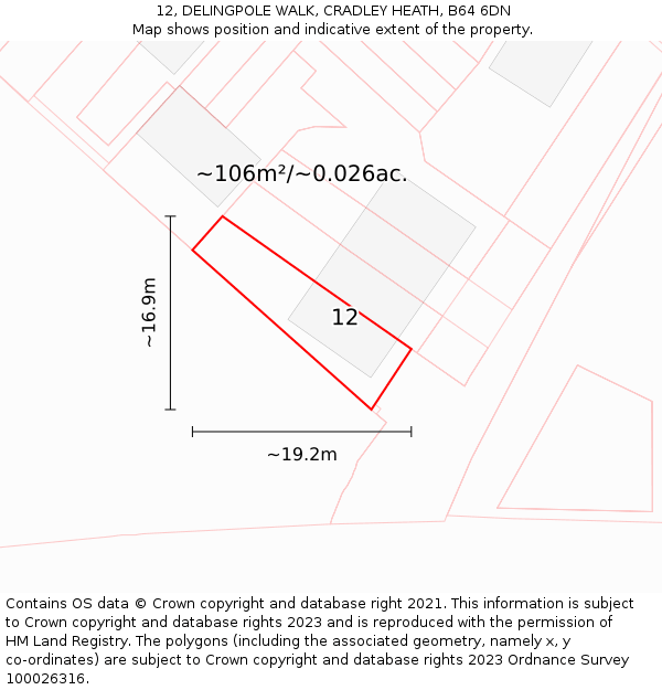 12, DELINGPOLE WALK, CRADLEY HEATH, B64 6DN: Plot and title map