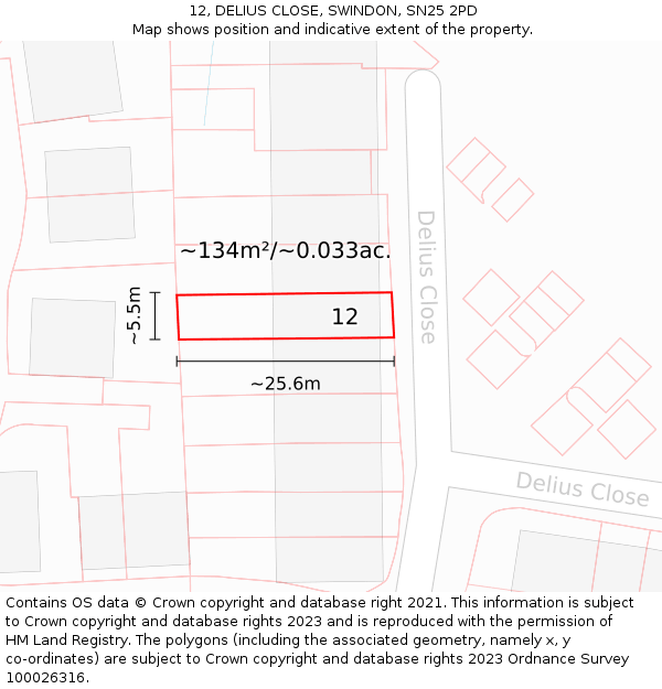 12, DELIUS CLOSE, SWINDON, SN25 2PD: Plot and title map