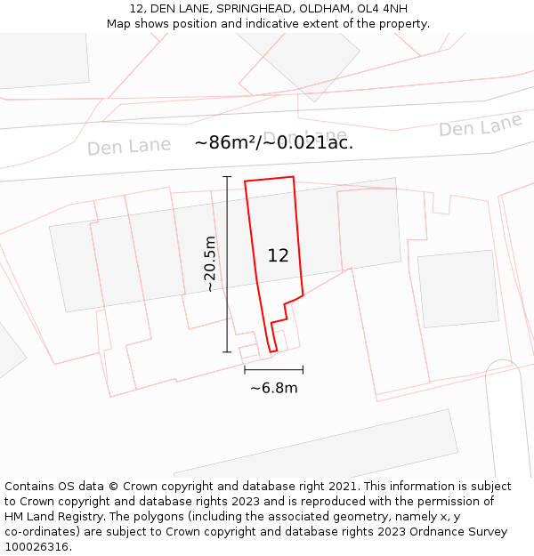12, DEN LANE, SPRINGHEAD, OLDHAM, OL4 4NH: Plot and title map